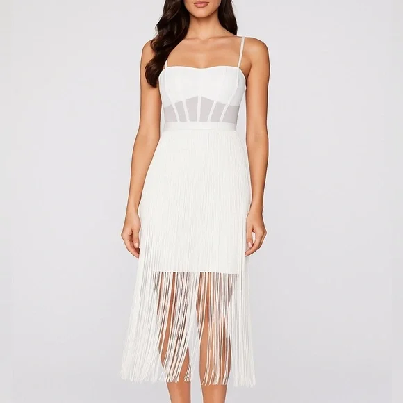 BCBGMaxAzria White Fringe Corset Midi Sheath Dress 14 Off-White Cocktail NWT - Picture 1 of 12